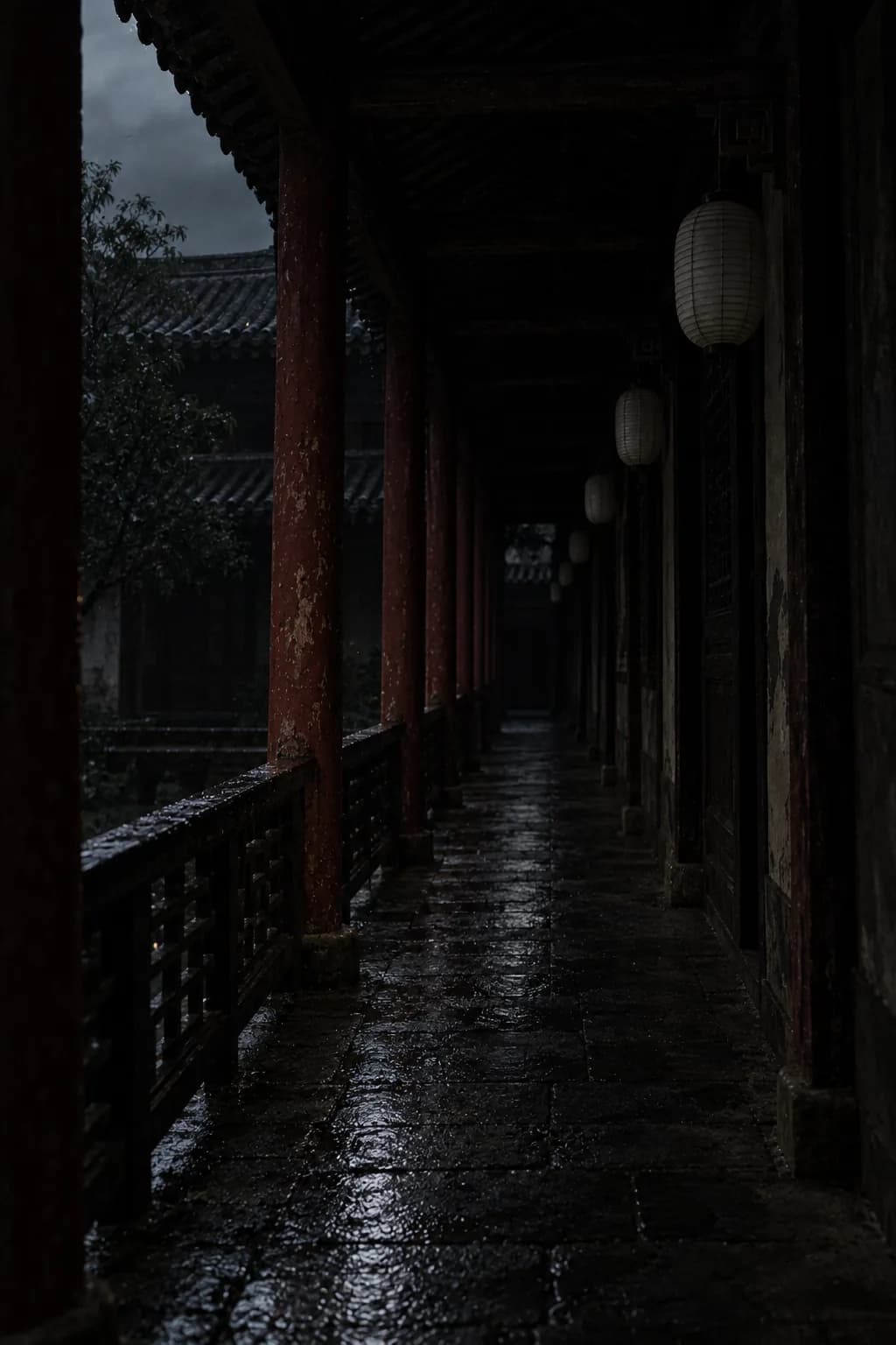 Lanterns hanging along a rain-soaked covered corridor