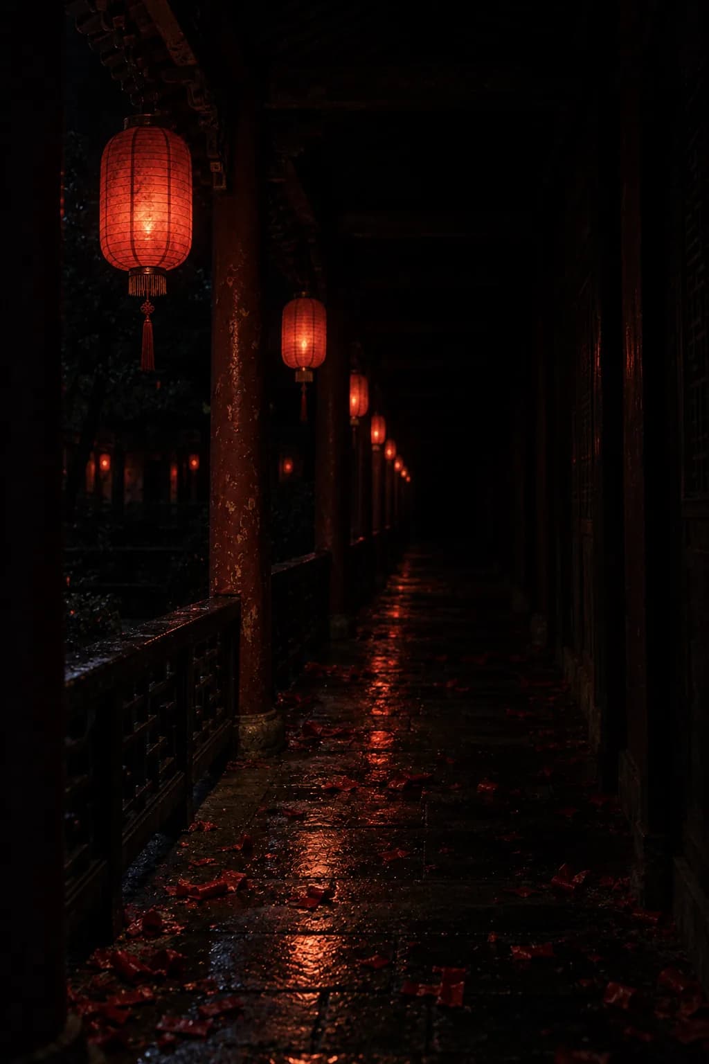 Red lanterns along a dark corridor